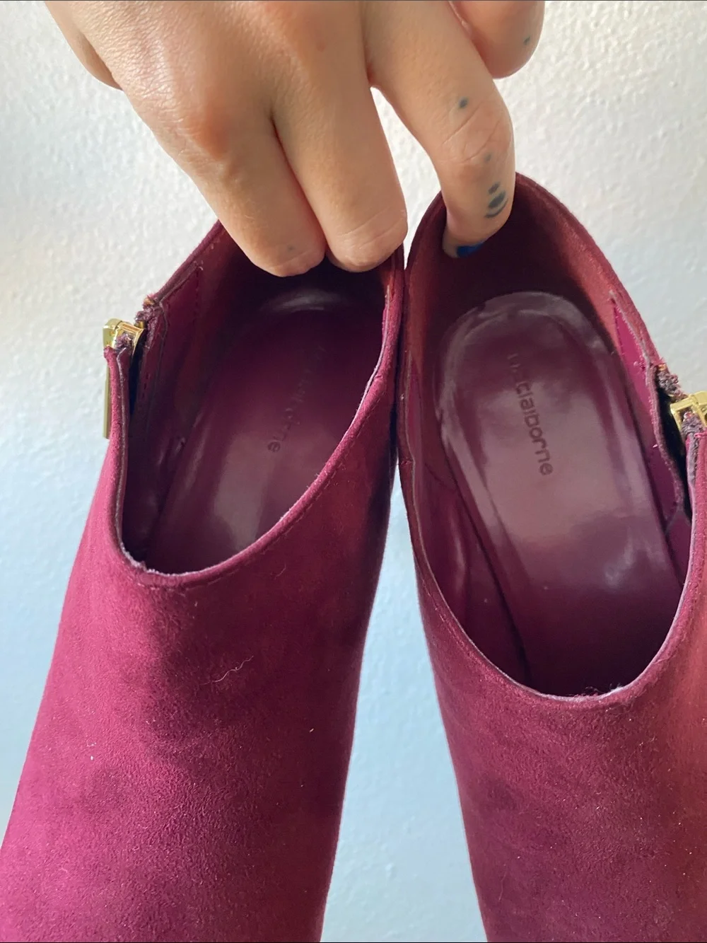 Liz Claiborne Burgundy Suede Ankle Bootie with Gold Zip